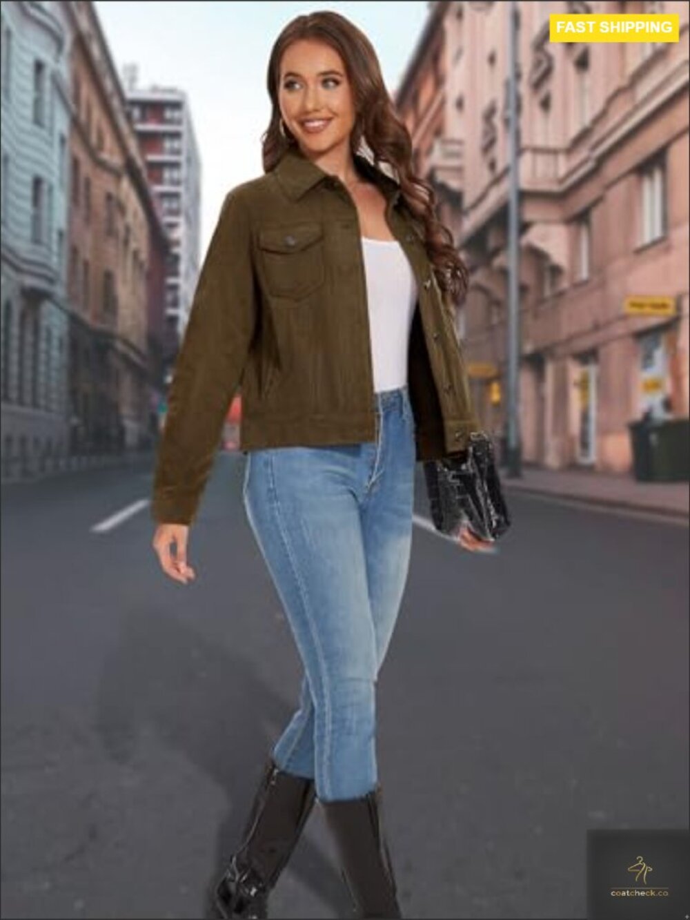 Cropped Corduroy Jacket Button Down Shacket Long Sleeve Flap Pockets Casual - Picture 3 of 7